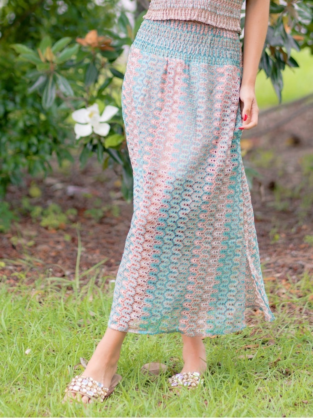 Boho-Chic Smocked Crochet-Knit Breezy Midi Skirt
